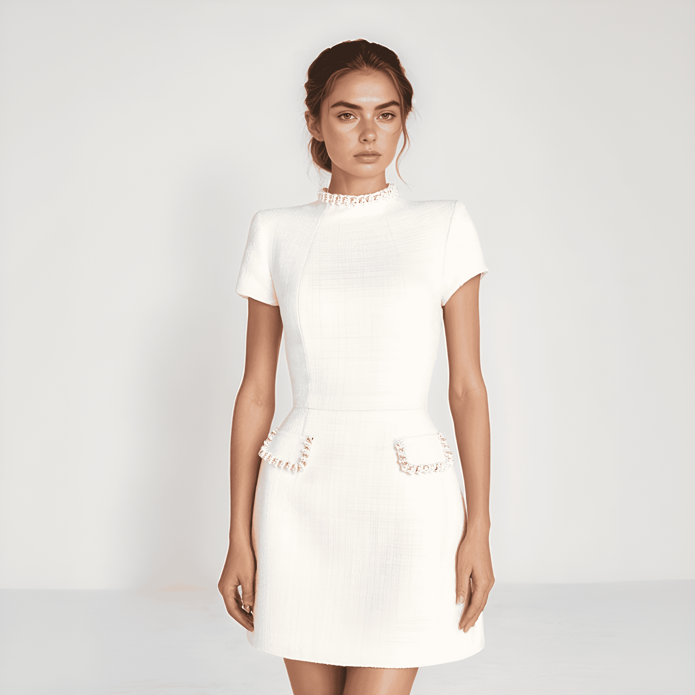 Élise – Robe Courte Chic à Poches Perles